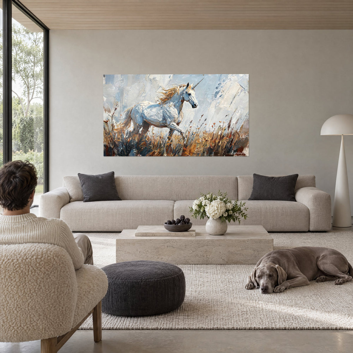 Gemälde weißes Einhorn im Galopp durch goldenes Gras, himmelblau und ockergelb, dicker Pinselauftrag, über dem Sofa in einem hellen Wohnzimmer