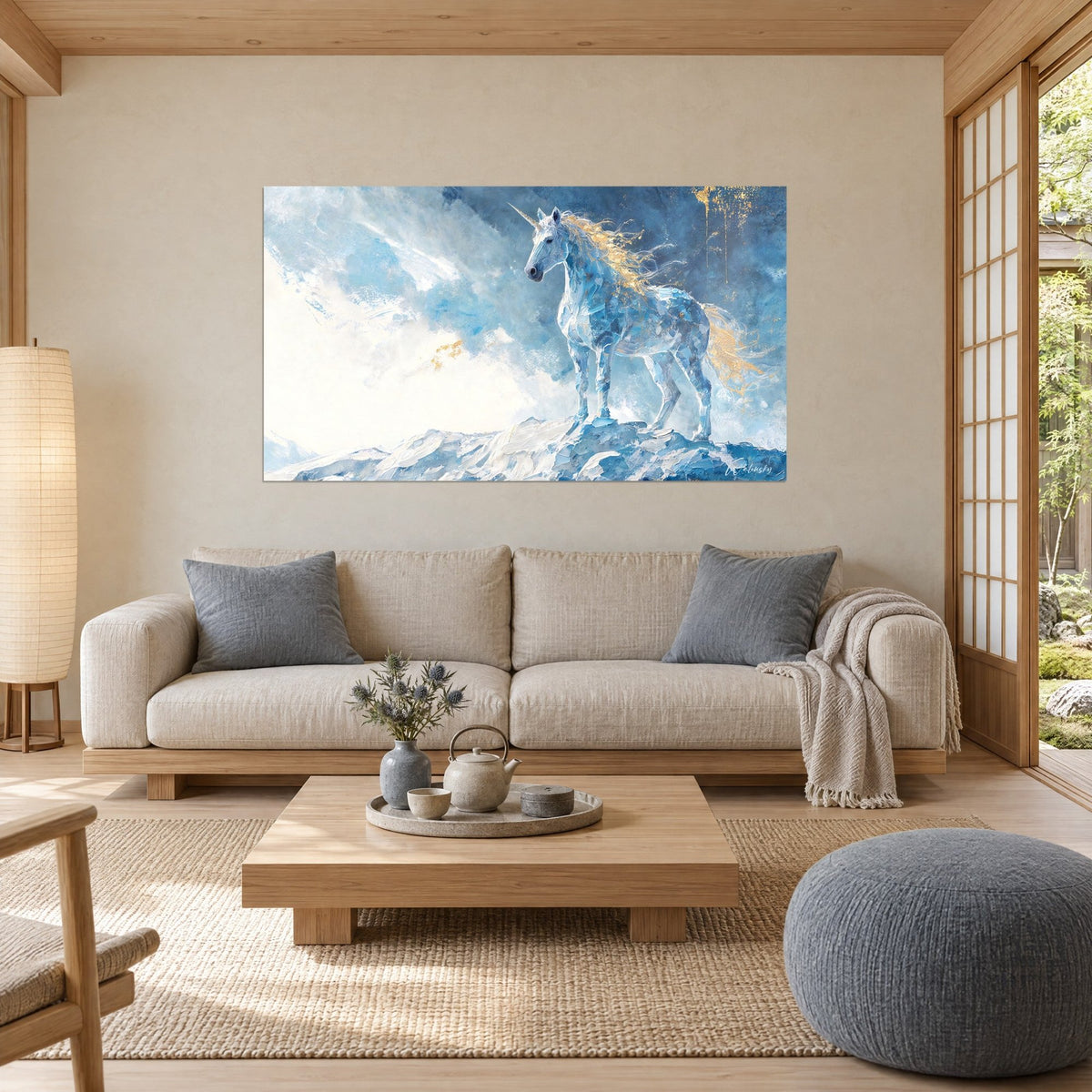 Quadro di unicorno cristallino dalla criniera dorata su una cresta innevata blu ghiacciaio e bianca, sopra un divano in un soggiorno luminoso