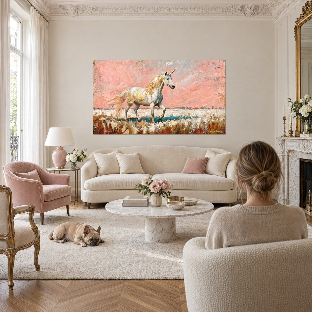 Quadro unicorno bianco dalla criniera dorata su un cielo rosa cipria, sopra un divano in un soggiorno luminoso