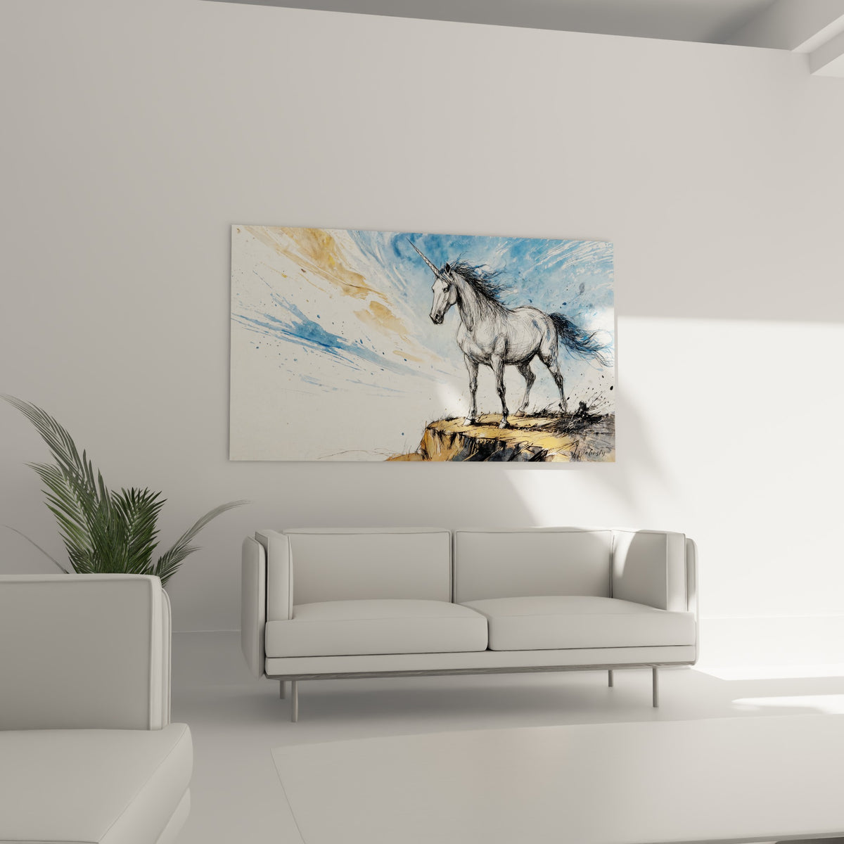 Silhouette de licorne aux traits fins, crinière noire flottant sur fond bleu, au-dessus d'un canapé dans un salon lumineux