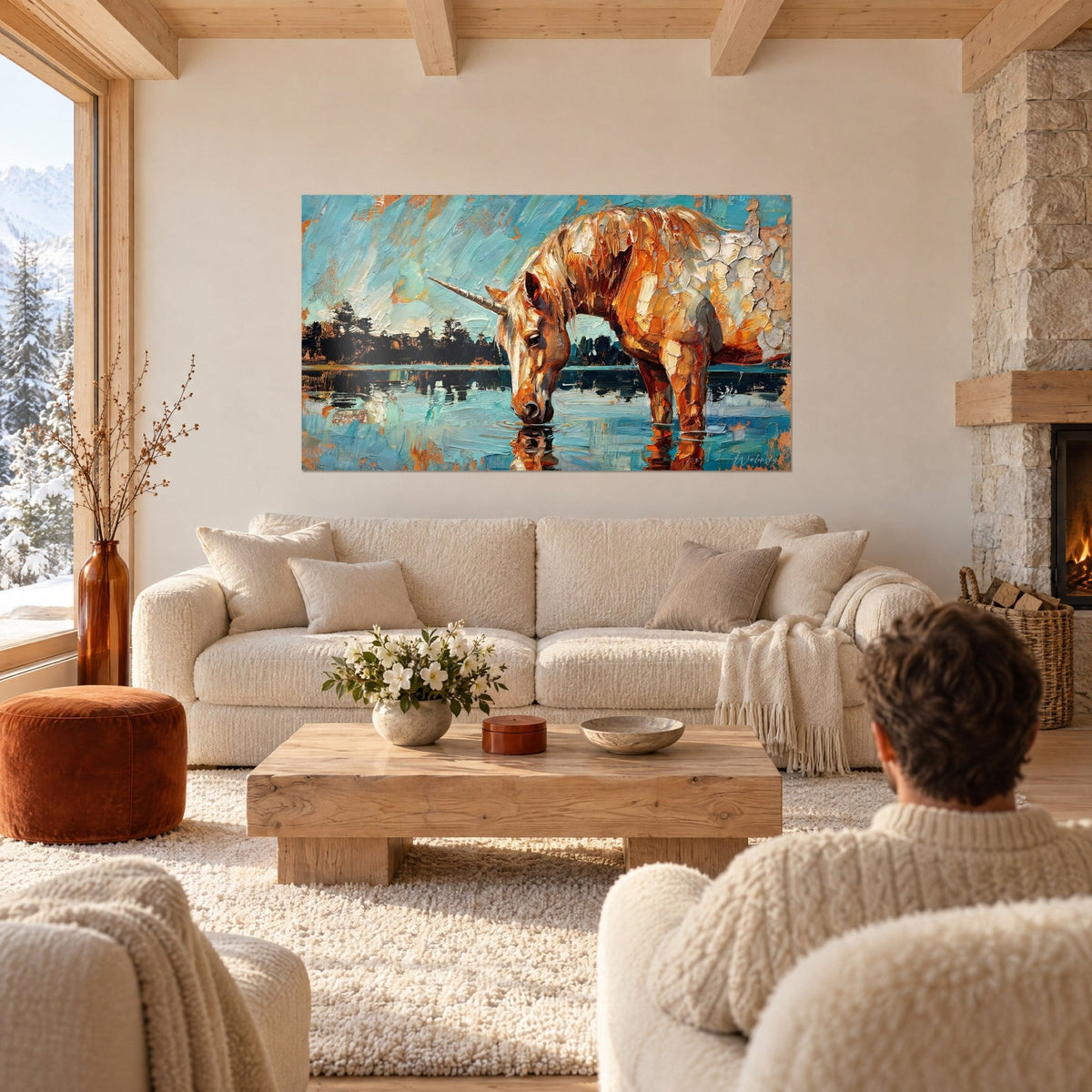 Quadro unicorno dorato chino sull'acqua turchese, corno madreperlaceo, criniera avorio a pennellate dense, coppia di spalle, sopra un divano in un soggiorno luminoso