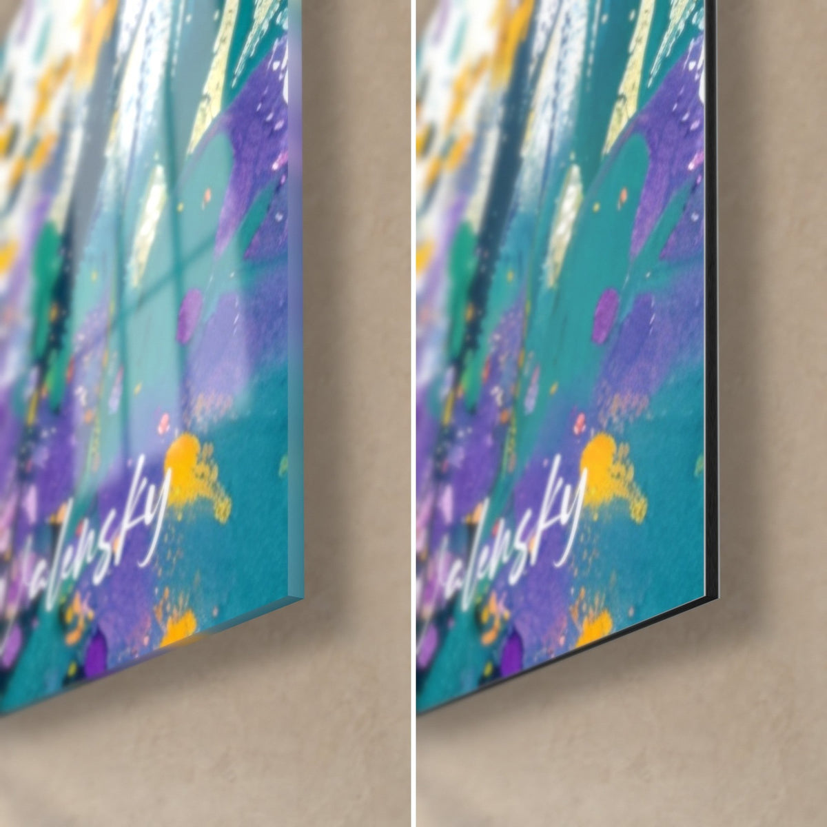 Tableau licorne noire aux crins violets, coin bas droit en verre brillant à reflets et en alu Dibond mat, tranche de 3 mm visible