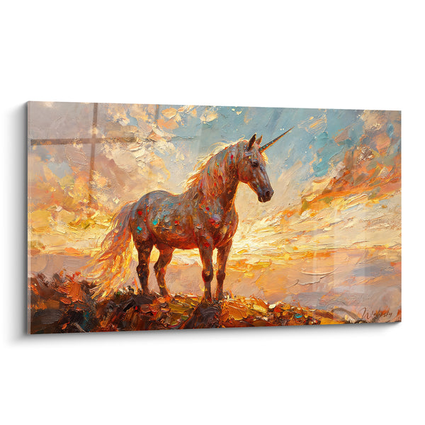 Tableau Licorne cuivrée et bleue sur promontoire rocailleux - Éclats de couleurs mouchetés - Edition Licorne