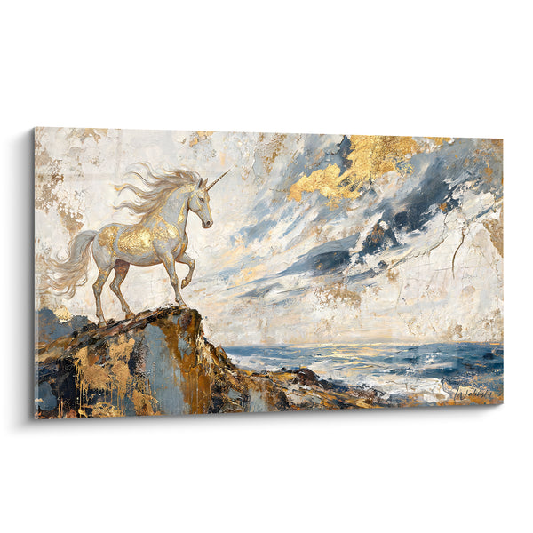 Quadro Unicorno dorato su scogliera oceanica - Veglia sull'orizzonte - Edizione Unicorno