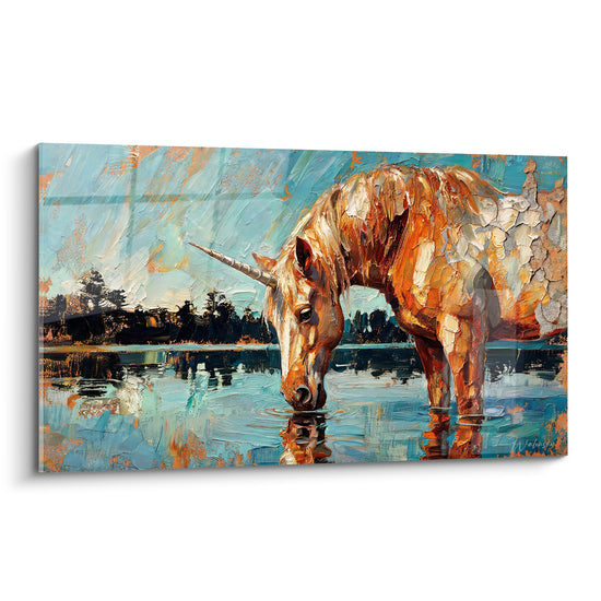 Tableau Licorne dorée buvant au lac turquoise - Instant suspendu - Edition Licorne