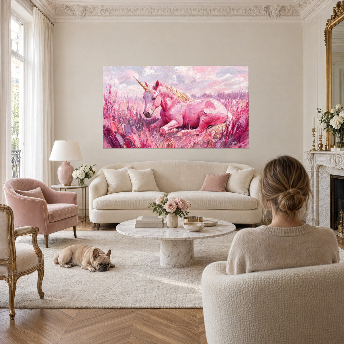 Tableau licorne rose couchée dans des herbes fuchsia, corne dorée, ciel lilas, au-dessus d'un canapé dans un salon lumineux