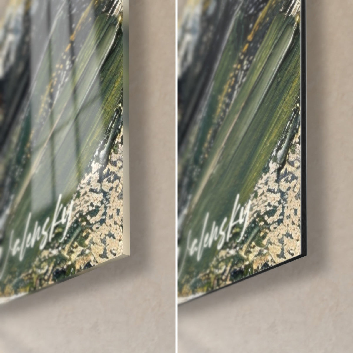 Quadro unicorno pallido a pittura a spatola, angolo in basso a destra: vetro acrilico lucido a sinistra, Dibond nero opaco a destra, bordo da 3 mm