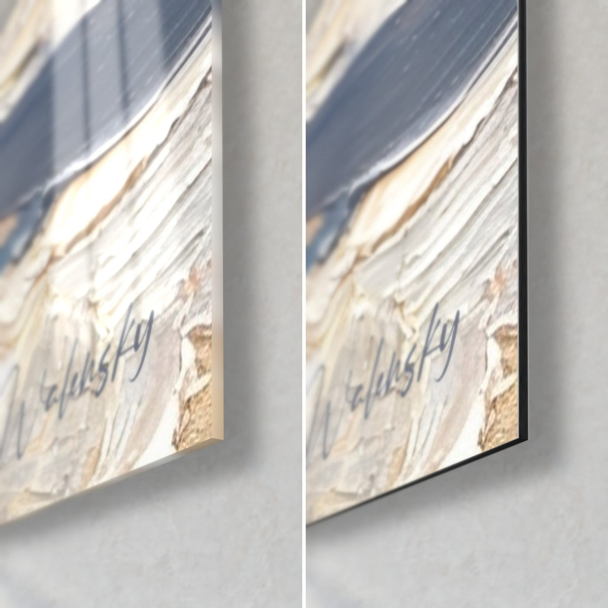 Wall art magical horse in glacier blue and beige impasto, bottom right corner: glossy glass on the left, matte Dibond on the right