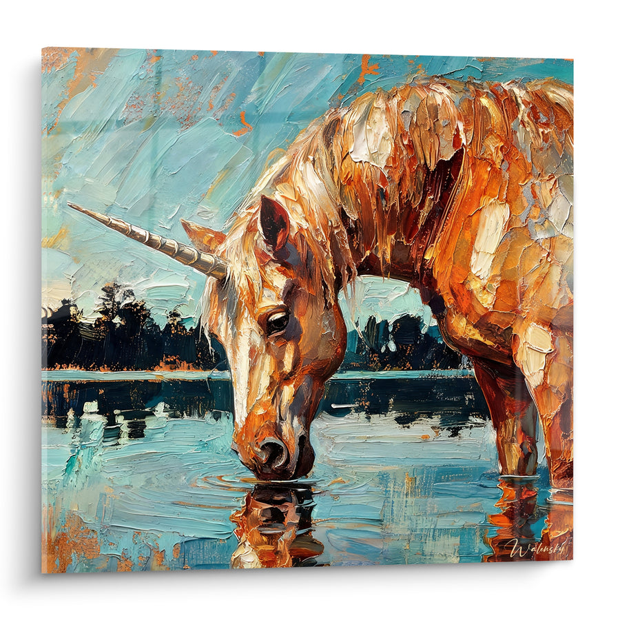 Tableau Licorne fauve buvant au lac turquoise - Halte au bord de l'eau - Edition Licorne