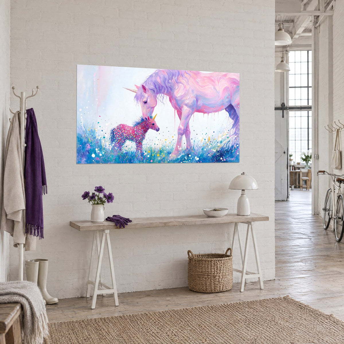 Tableau poulain magique tout en confettis fuchsia et turquoise, museau frôlé par une crinière violette, vue de trois-quarts dans un loft