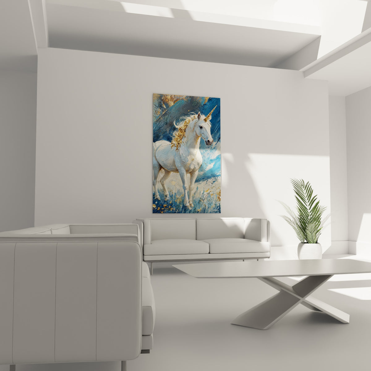 Licorne à crinière dorée et fond bleu glacier, au-dessus d'un canapé dans un salon lumineux