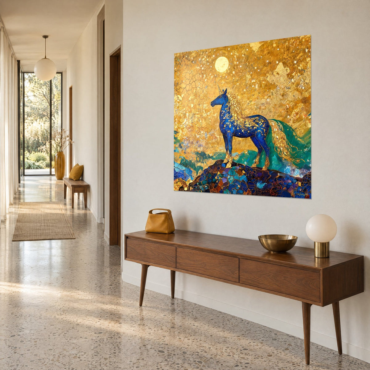 Tableau cheval fantastique bleu cobalt sur un rocher en mosaïque, ciel doré étoilé, vu de trois-quarts dans un couloir lumineux années 50