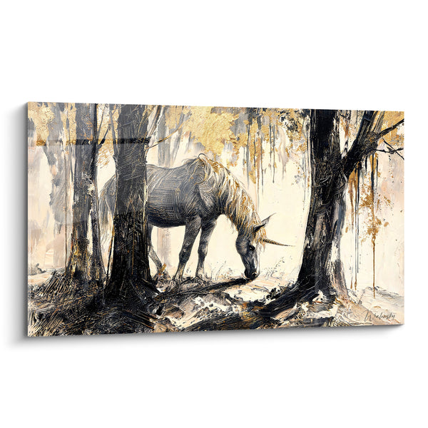 Tableau Licorne penchée dans une forêt dorée - Clairière enchantée - Edition Licorne