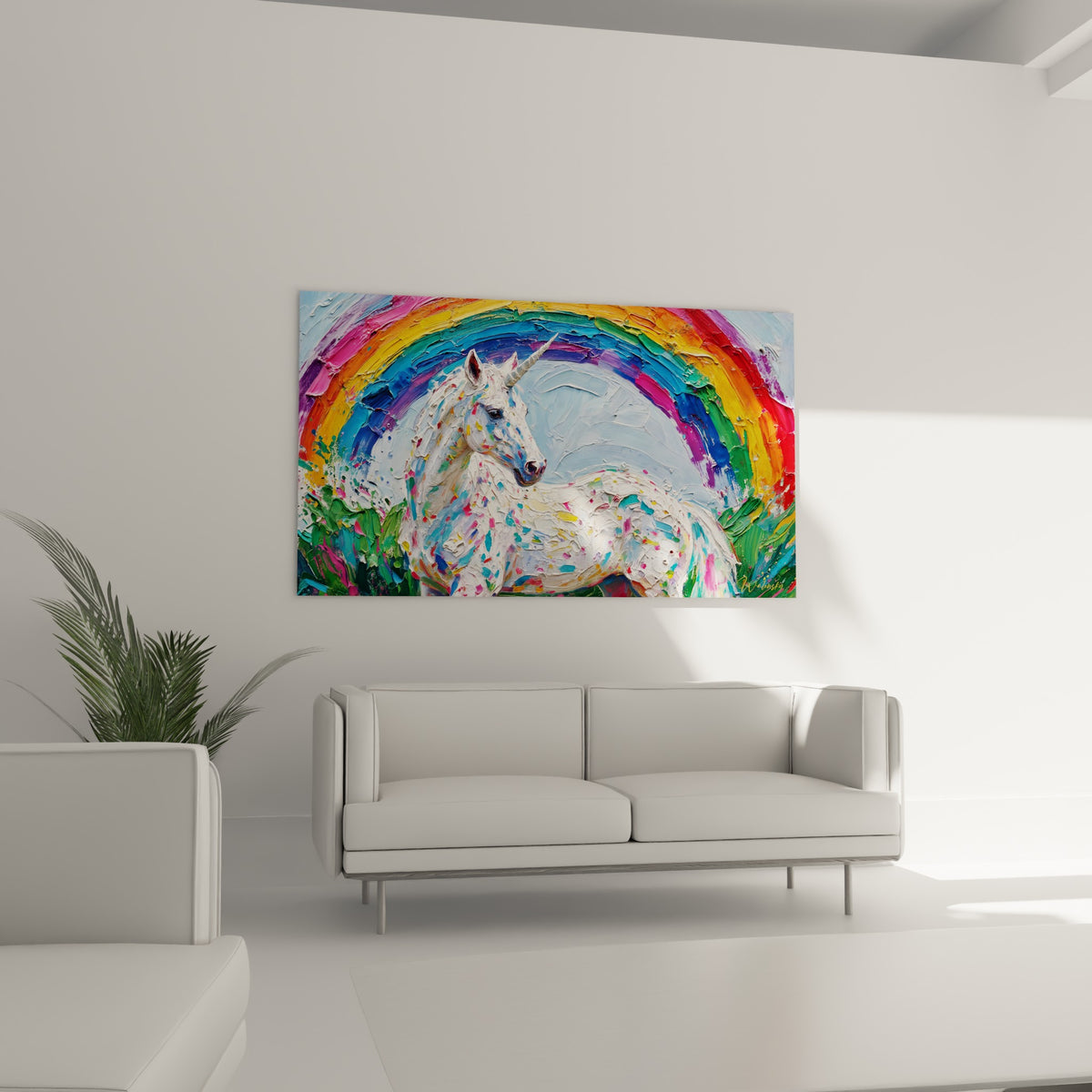Licorne mouchetée de jaune et bleu turquoise sous un arc-en-ciel, au-dessus d'un canapé dans un salon lumineux