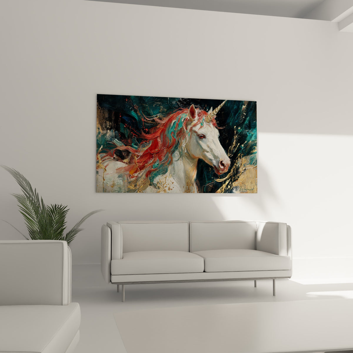 Licorne blanche à mèches rouges et dorées suspendue au-dessus d'un canapé dans un salon lumineux