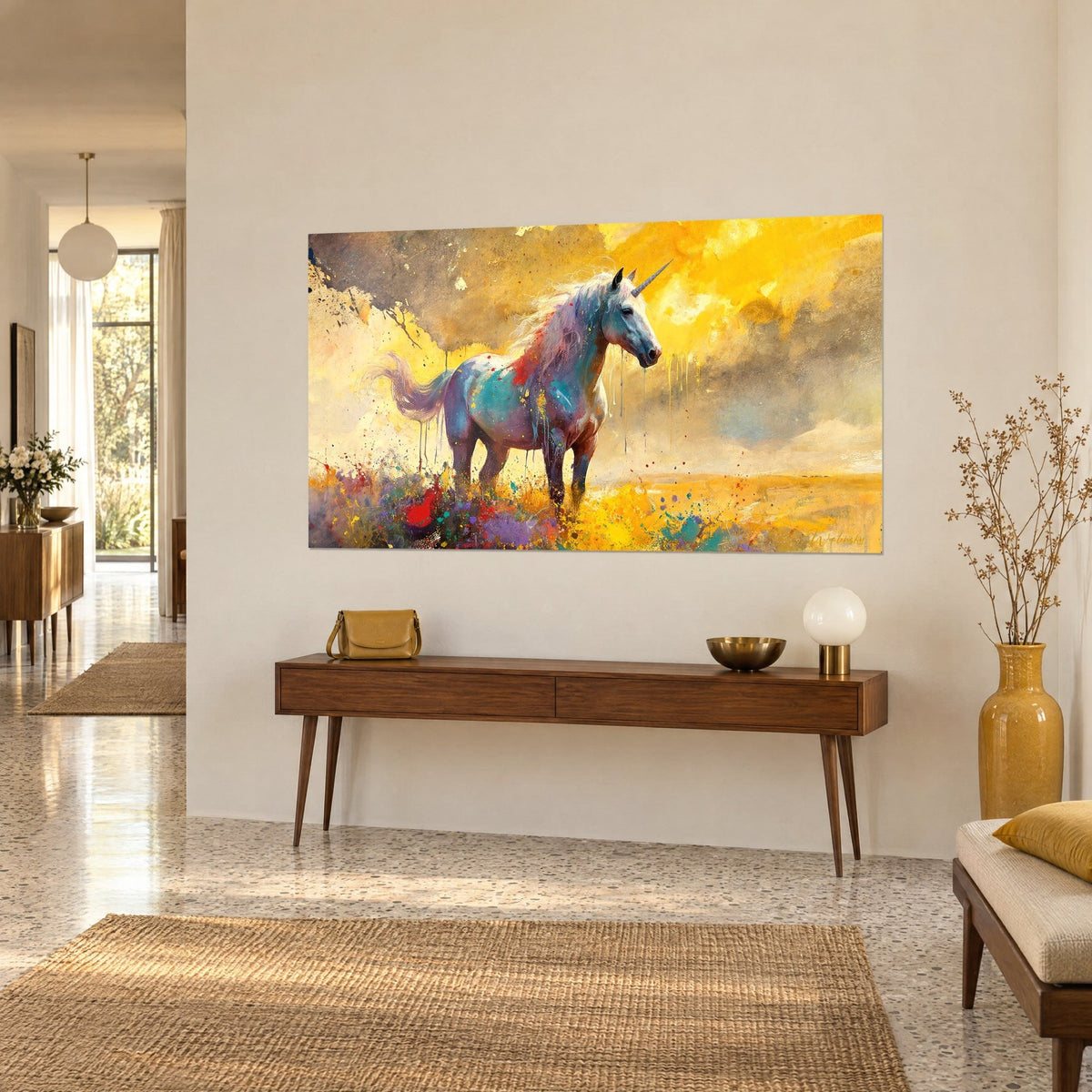 Quadro cavallo fantastico con corno madreperlaceo su un campo giallo senape, schizzi rossi e viola, su un mobile console in legno