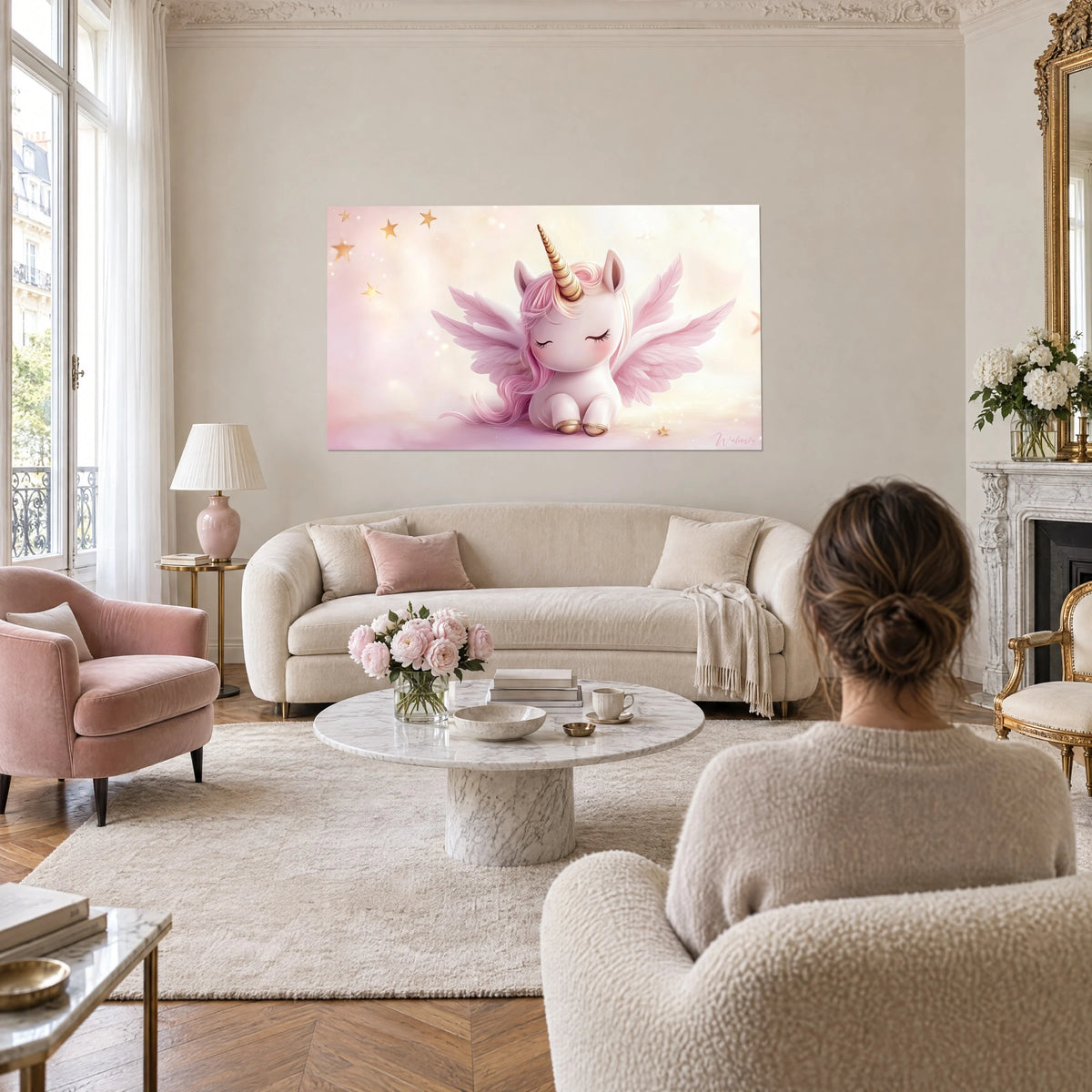 Tableau licorne ailée aux plumes rose pâle et corne dorée, yeux clos, étoiles ambrées, au-dessus d'un canapé dans un salon lumineux