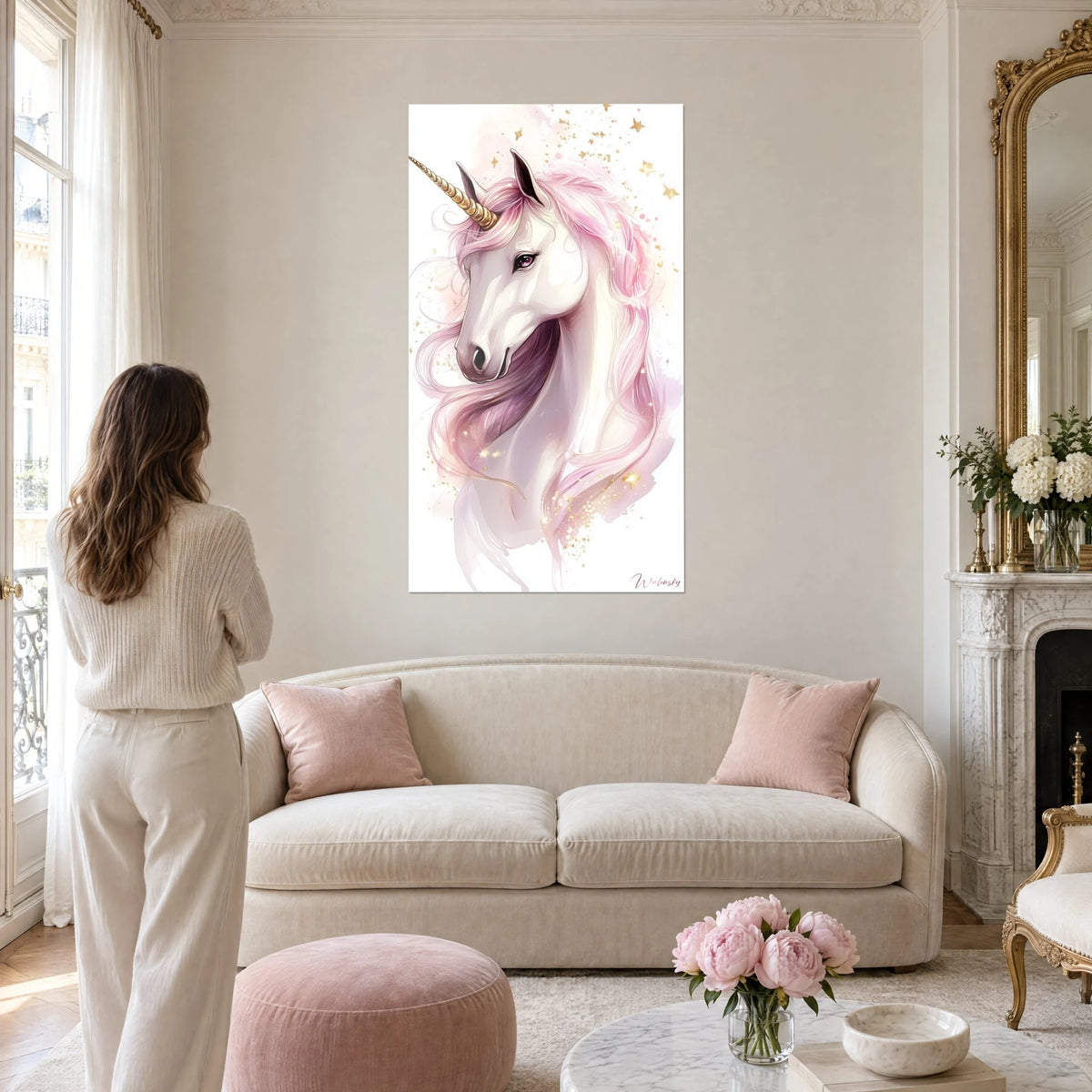 Schilderij witte eenhoorn met lichtroze manen en gouden hoorn, vrouw van achteren gezien, boven een bank in een lichte woonkamer