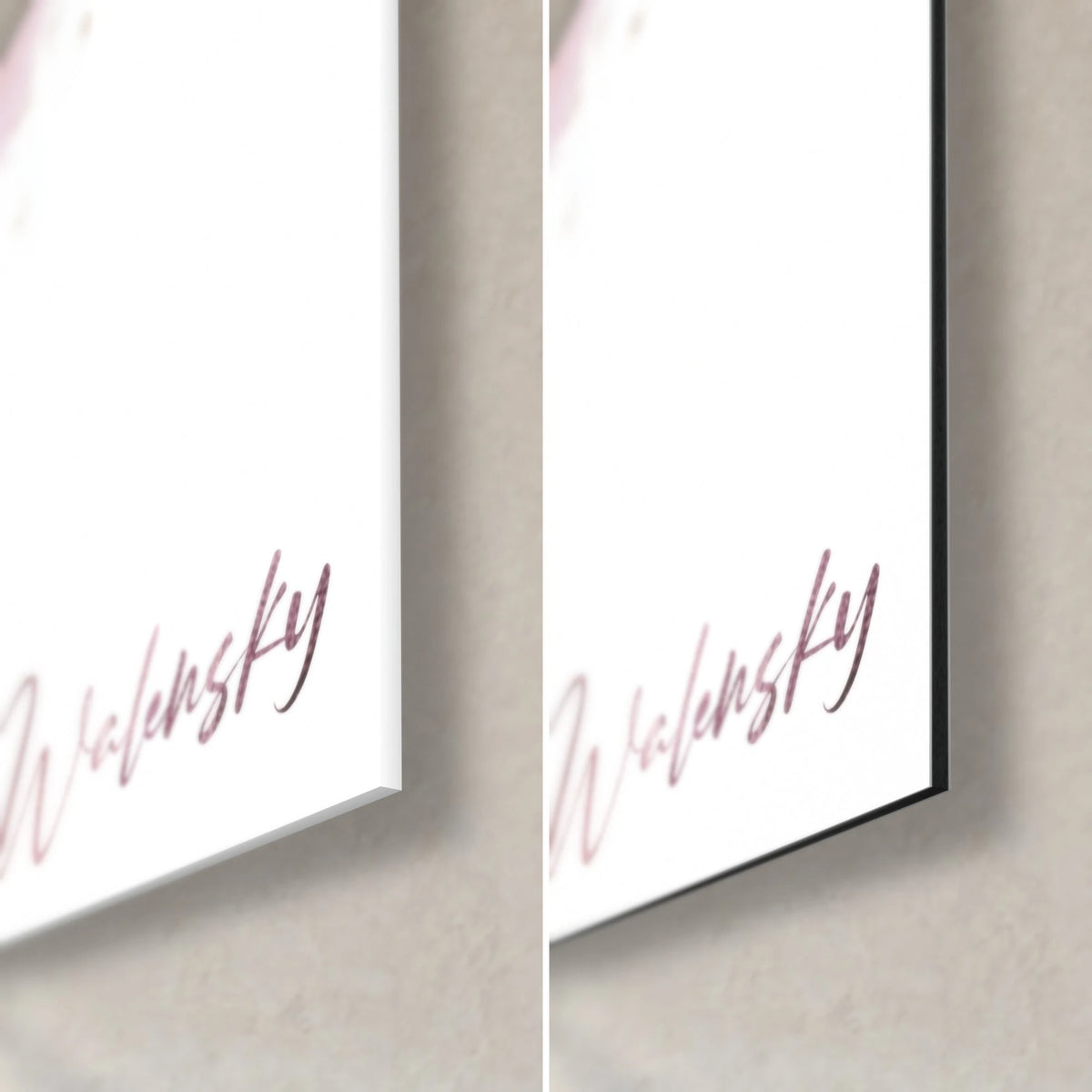 Schilderij roze en witte eenhoorn, rechtsonder: glanzend acrylglas links, mat zwart Dibond rechts, rand van 3 mm