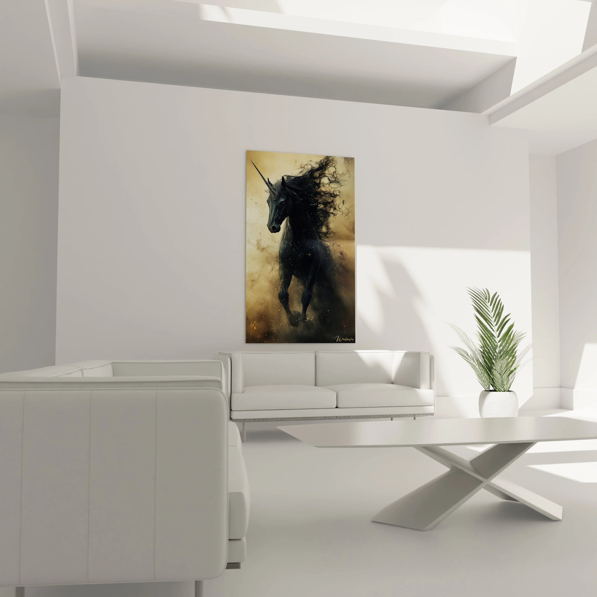 Un tableau licorne fantastique présentant une créature noire élégante au regard perçant. Sa crinière se transforme en volutes sombres et abstraites. Les teintes dominantes noir, or et beige créent une atmosphère mystérieuse, rehaussée par des points lumineux dispersés.
