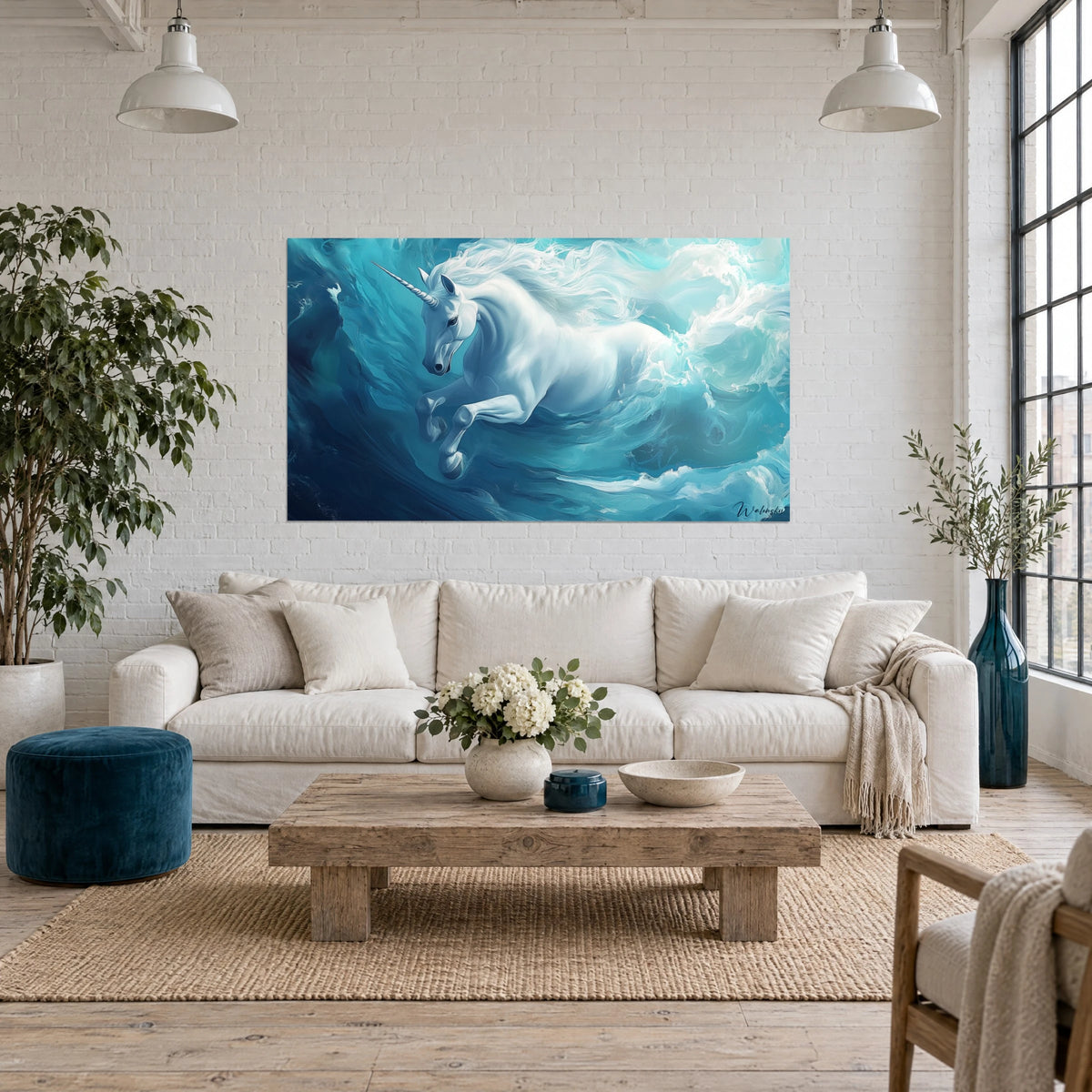Quadro unicorno bianco impennato tra onde turchesi e blu notte, corno a spirale, sopra un divano in un soggiorno luminoso