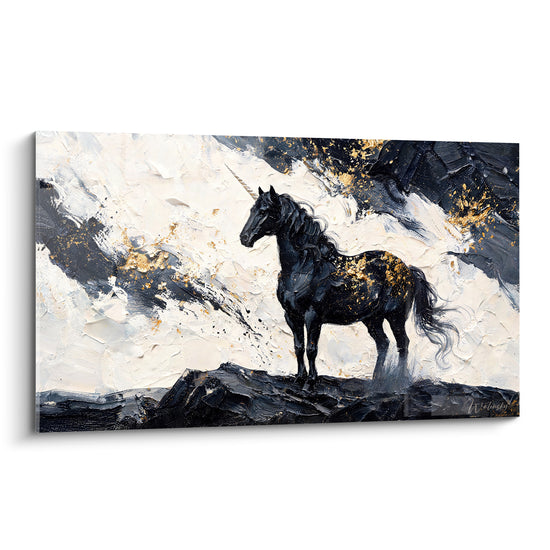 Tableau Licorne noire aux éclats dorés sur rocher - Veille silencieuse - Edition Licorne
