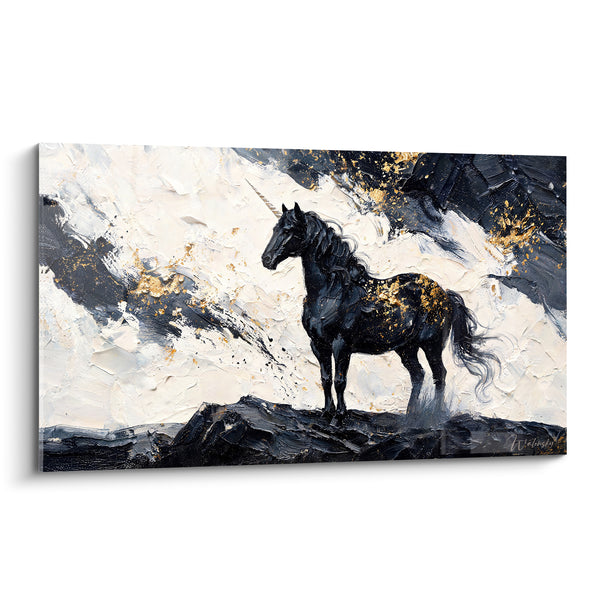 Tableau Licorne noire aux éclats dorés sur rocher - Veille silencieuse - Edition Licorne