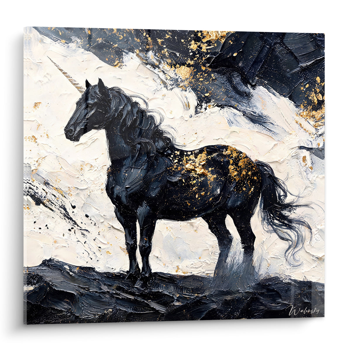 Gemälde aufgerichtetes schwarzes Einhorn auf cremefarbenem Grund, wellige Mähne und mit dem Palettenmesser strukturierte goldene Funken