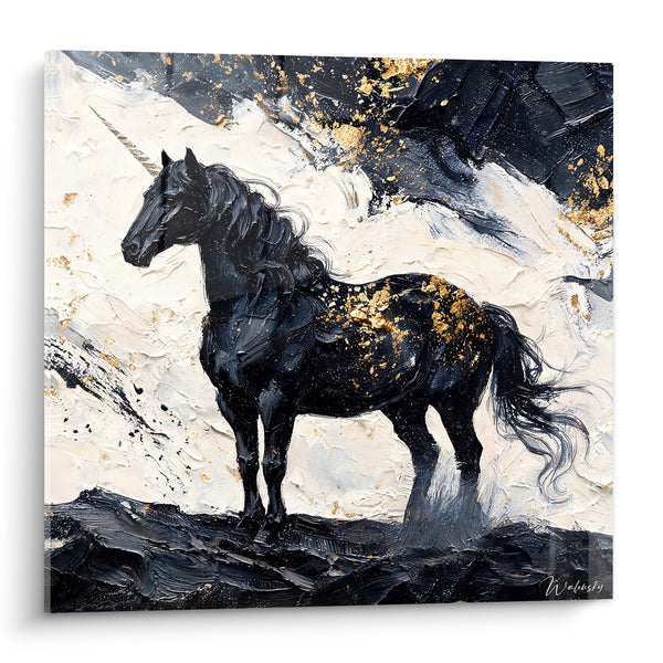 Gemälde Schwarzes Einhorn mit goldenen Funken - Mystische Souveränität - Edition Einhorn