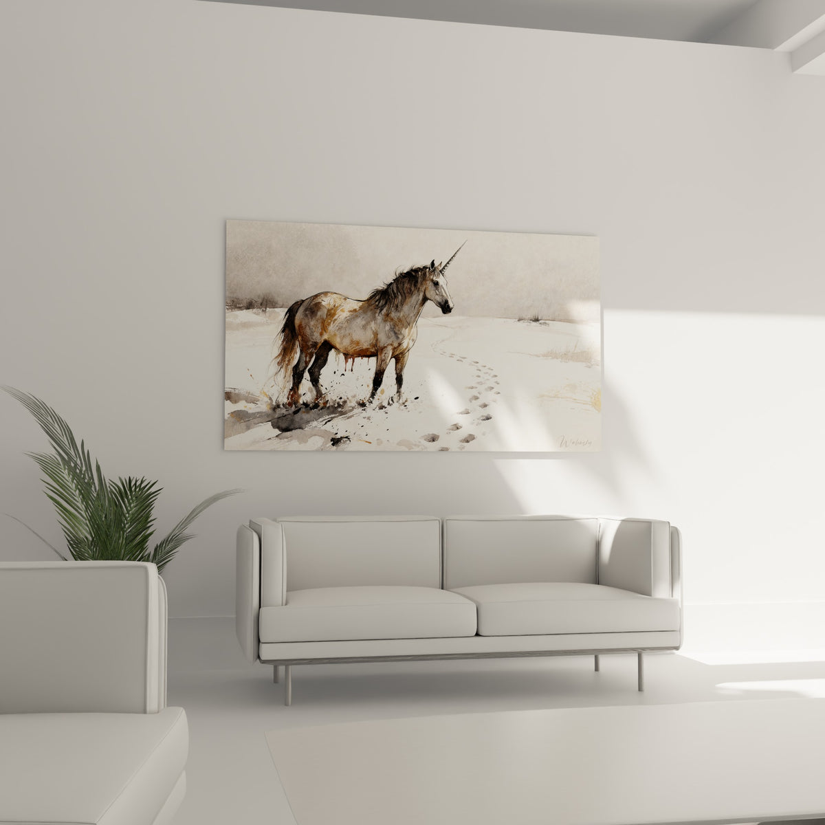 Animal fantastique à la robe ocre et anthracite laissant des empreintes, au-dessus d'un canapé dans un salon lumineux