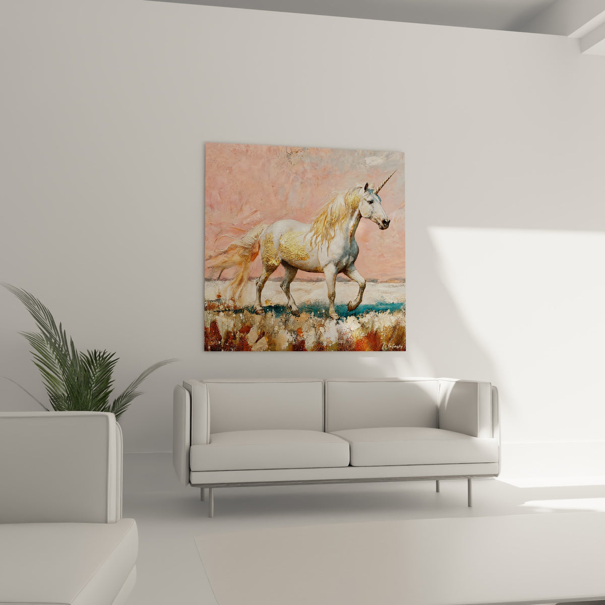 Licorne ambrée et blanche au galop paisible, suspendue au-dessus d'un canapé dans un salon lumineux