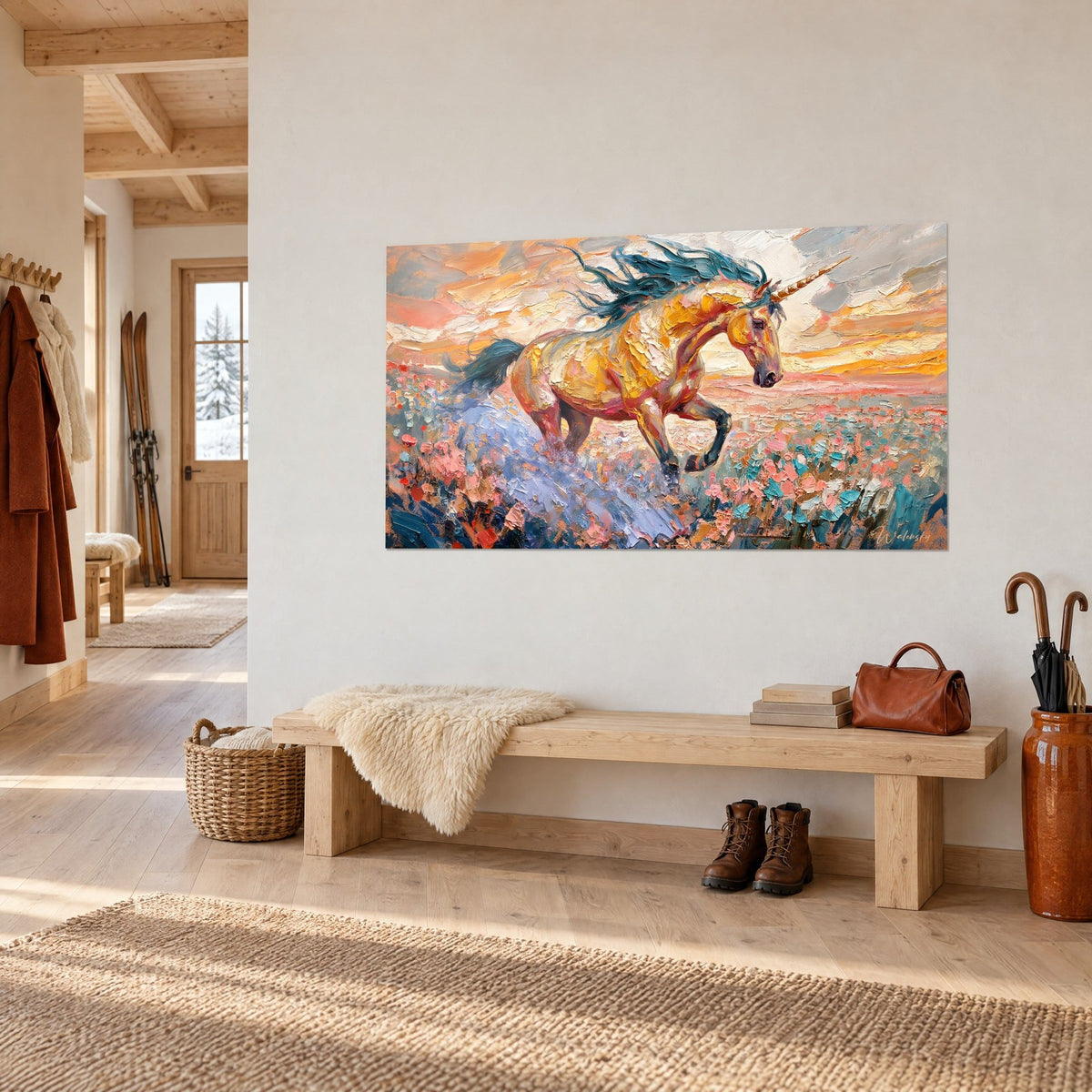Quadro cavallo dal corno d'avorio che avanza tra un campo di fiori rosa e turchesi, cielo arancione, in uno chalet di legno chiaro