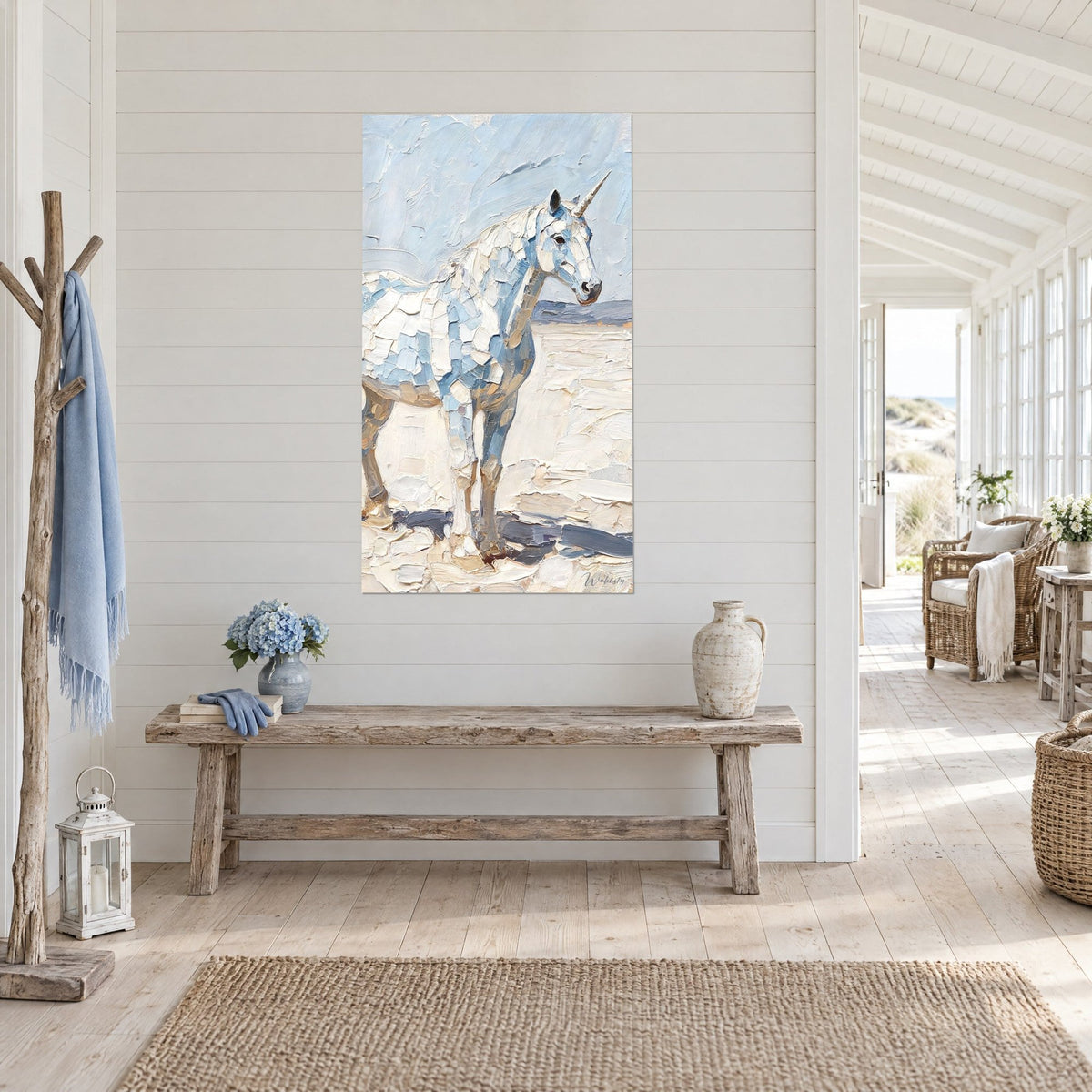 Wall art fantastical horse in sky blue and ivory palette-knife strokes, flowing mane in bursts, in a bright seaside house