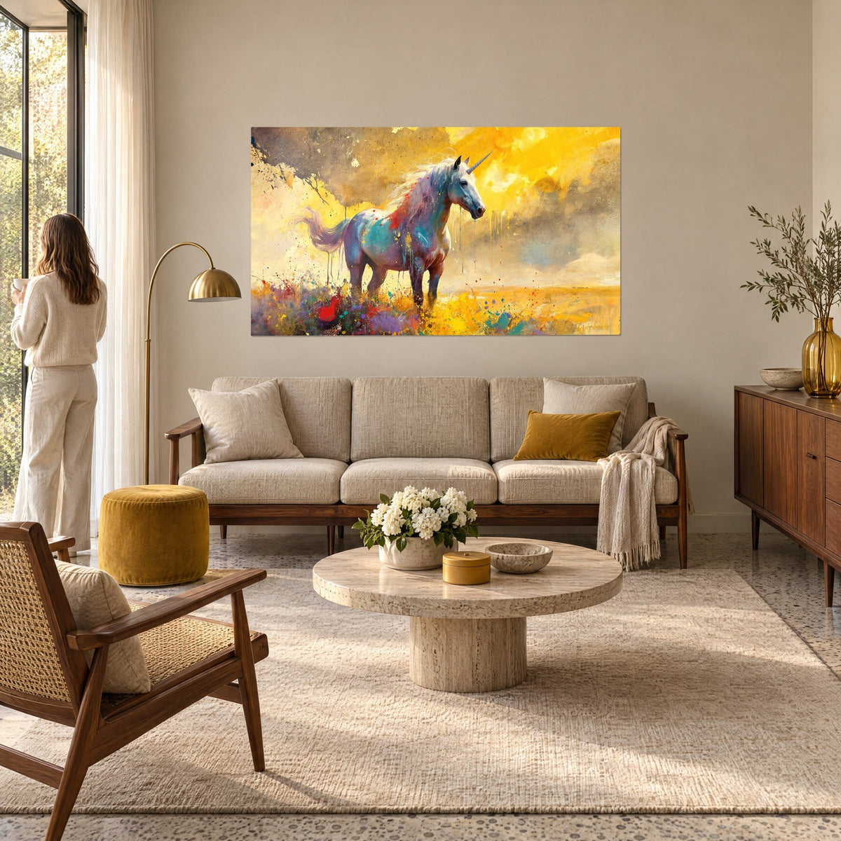 Quadro unicorno dal manto turchese e porpora, criniera rosa, cielo giallo dorato, visto da una donna di spalle sopra un divano in un soggiorno luminoso