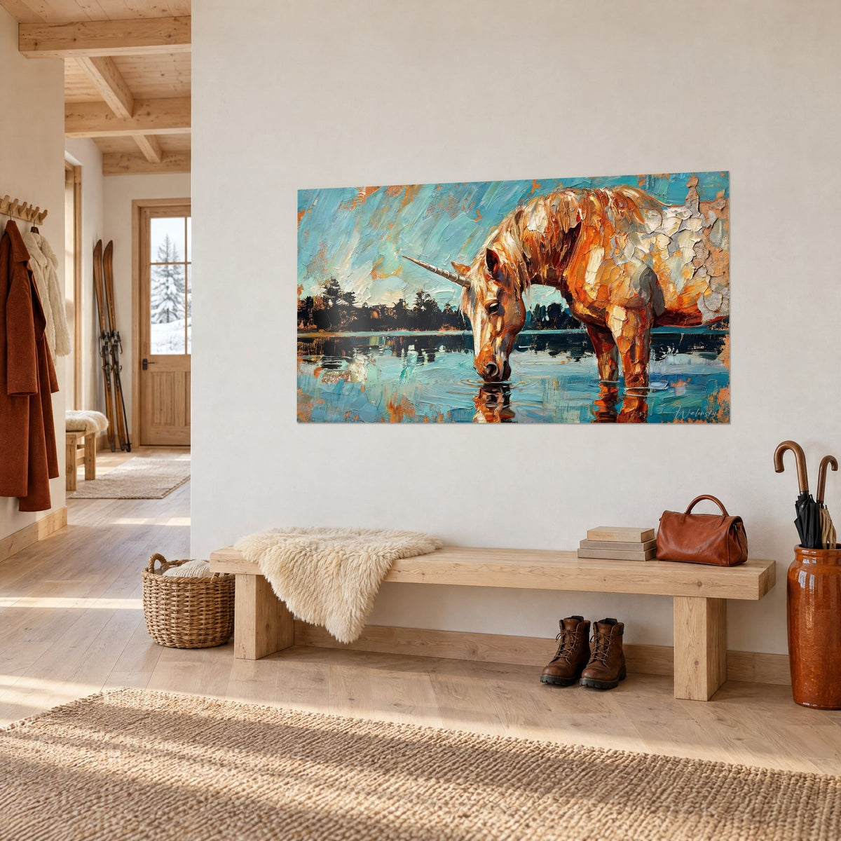 Quadro cavallo fantastico ramato che beve al lago, manto arancio e bianco sporco a colpi di spatola, riflesso nell'acqua, sopra una panca di legno