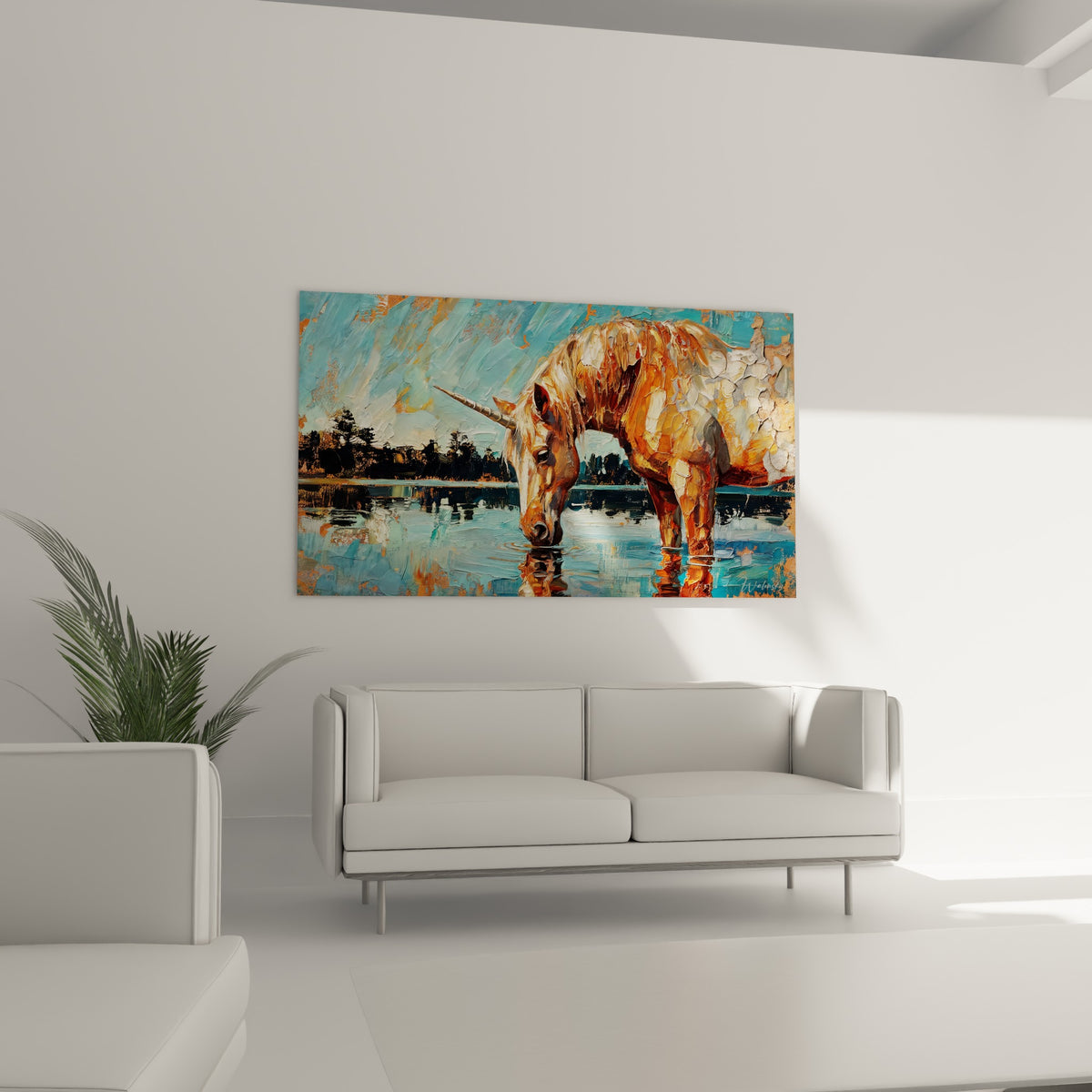 Robe cuivrée et reflet turquoise de la licorne accrochés au-dessus d'un canapé dans un salon lumineux