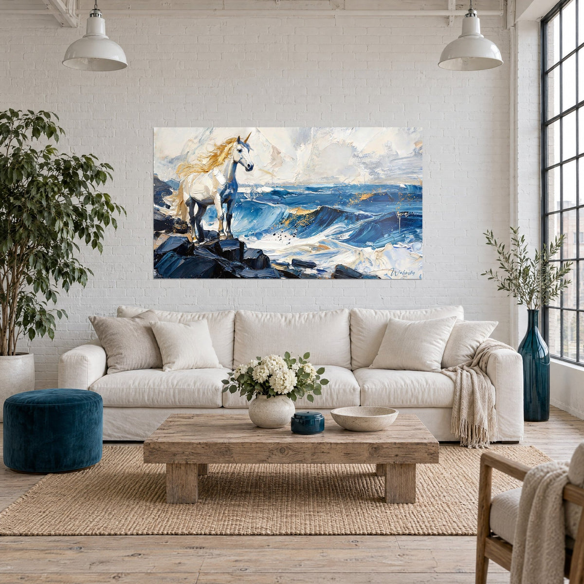 Gemälde Einhorn mit weißem Körper und goldener Mähne, auf schwarzen Felsen vor blauen Wellen, über einem Sofa in einem hellen Wohnzimmer