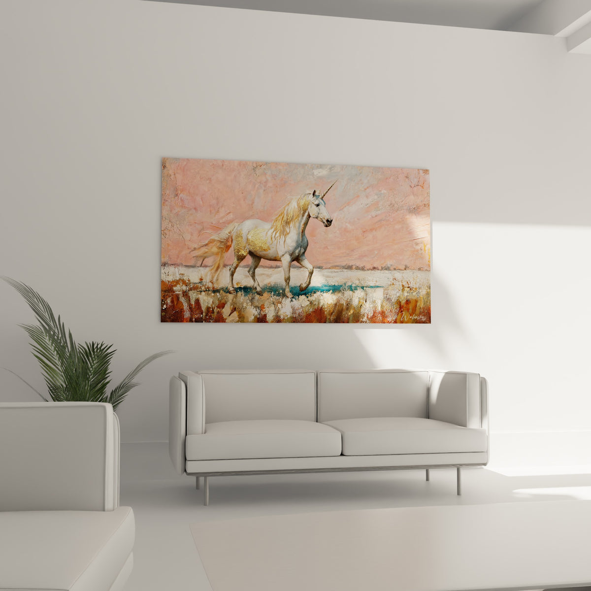 Silhouette de licorne dorée sur fond rosé accrochée au-dessus d'un canapé dans un salon lumineux