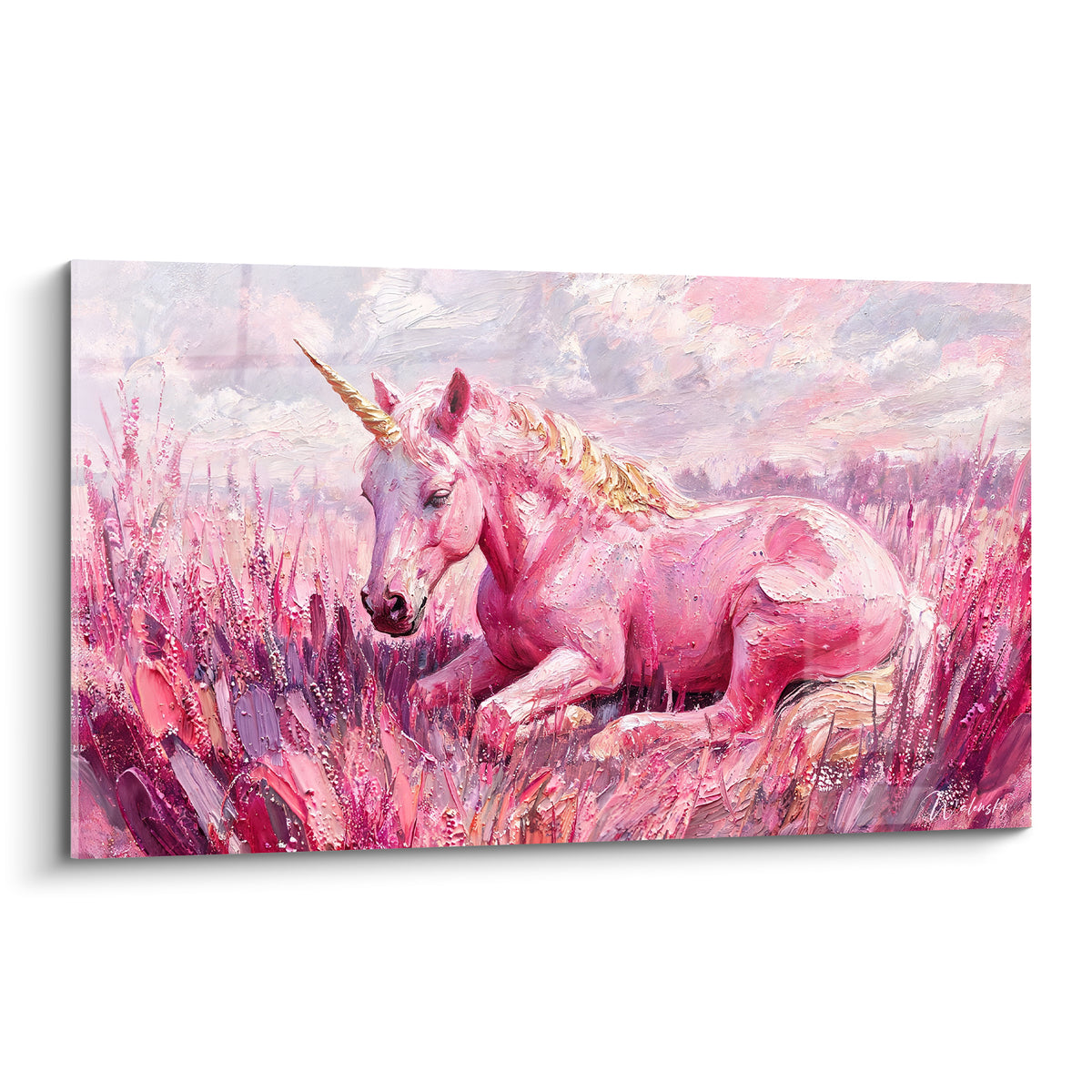 Tableau licorne rose allongée dans un champ de fleurs fuchsia et dorées, texture picturale épaisse
