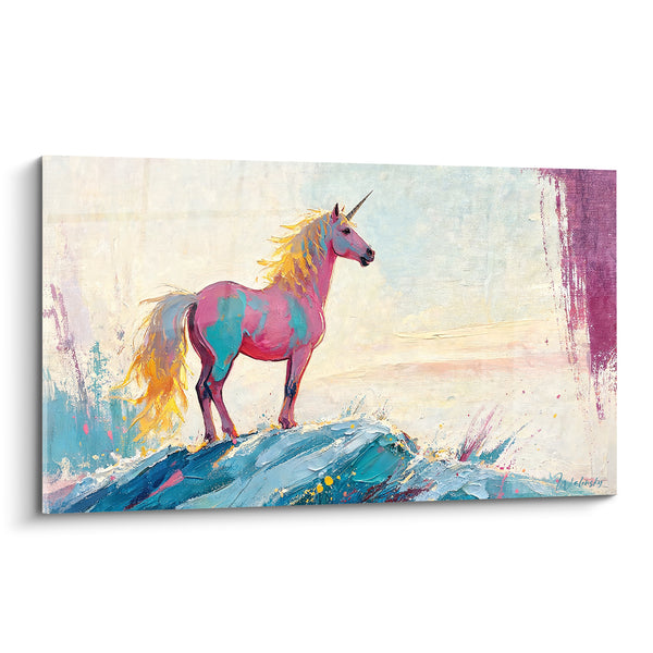 Tableau Licorne rose et turquoise sur une colline - Veille onirique - Edition Licorne