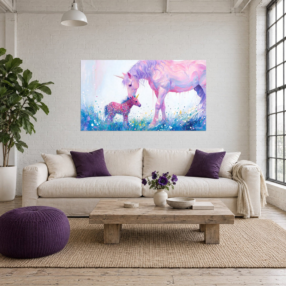 Tableau licorne rose et sa mère lilas baissant la tête vers un poulain pailleté, prairie bleue, au-dessus d'un canapé dans un salon lumineux