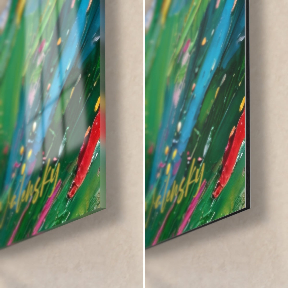 Cuadro unicornio blanco de pintura gruesa, esquina inferior derecha: cristal brillante a la izquierda, aluminio Dibond mate a la derecha, verde y rojo