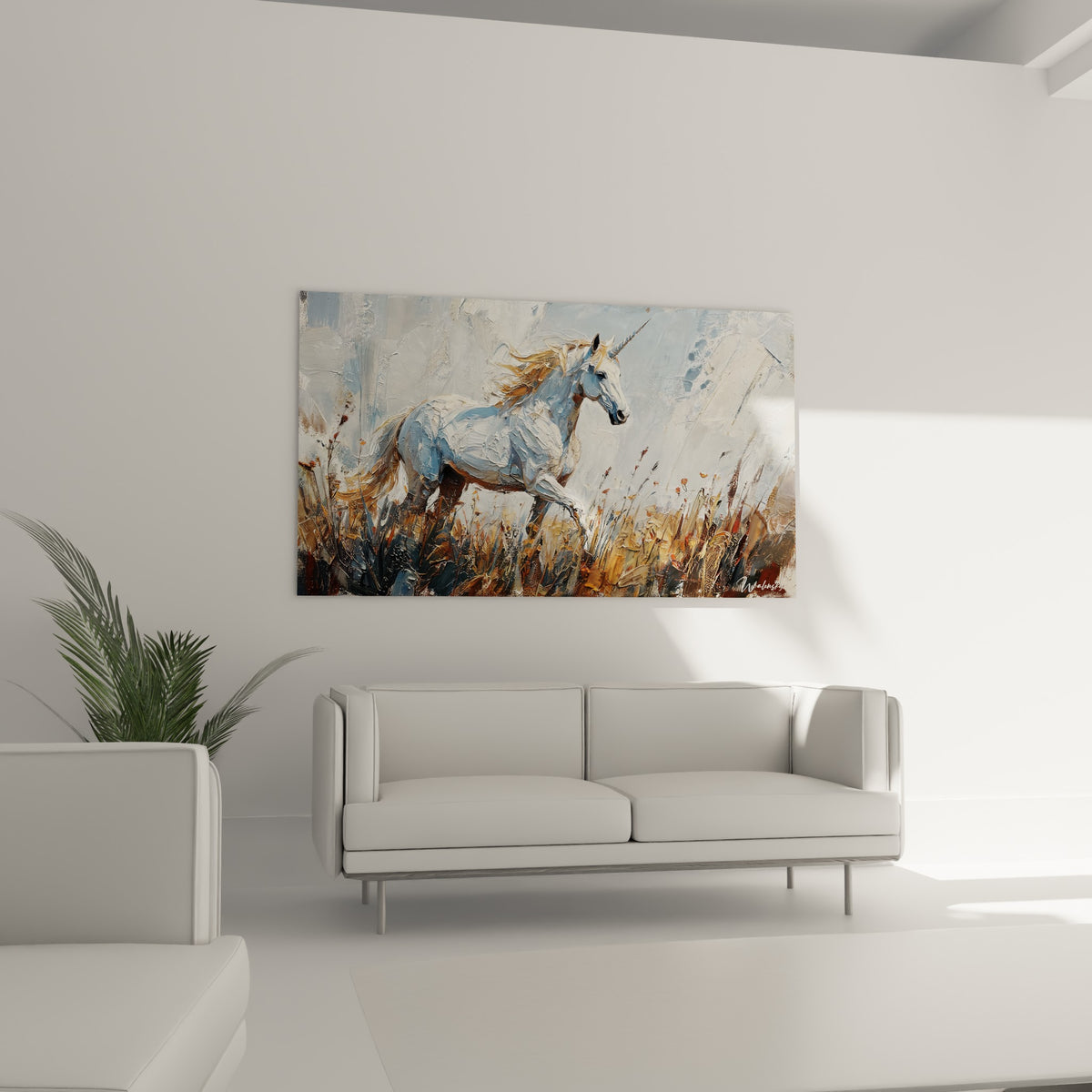Licorne texturée aux tons blancs et bruns, œuvre suspendue au-dessus d'un canapé dans un salon lumineux