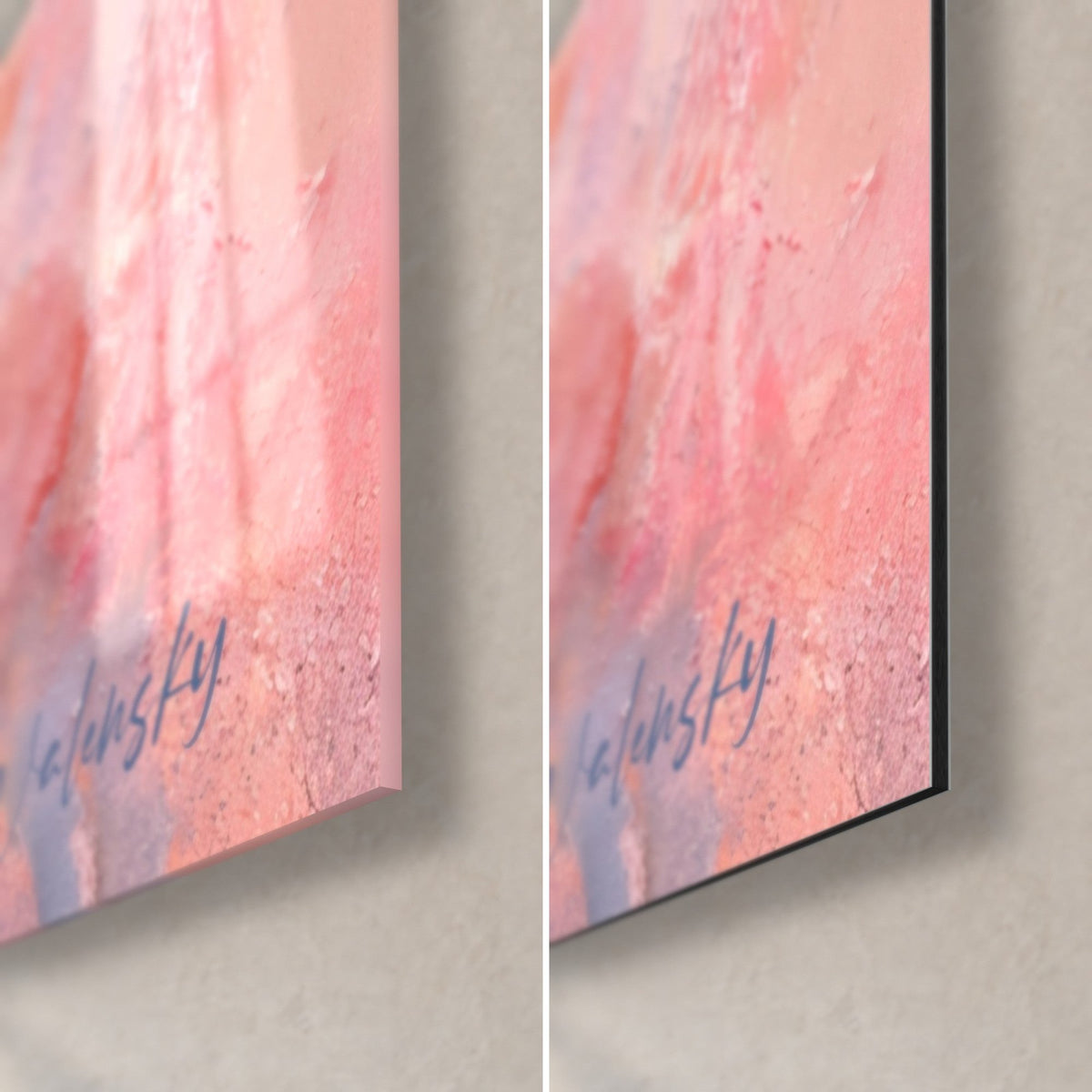 Wall art mother-of-pearl unicorn, bottom right corner: glossy acrylic glass on the left, matte Dibond on the right, powdery pink, blue signature, 3 mm edge