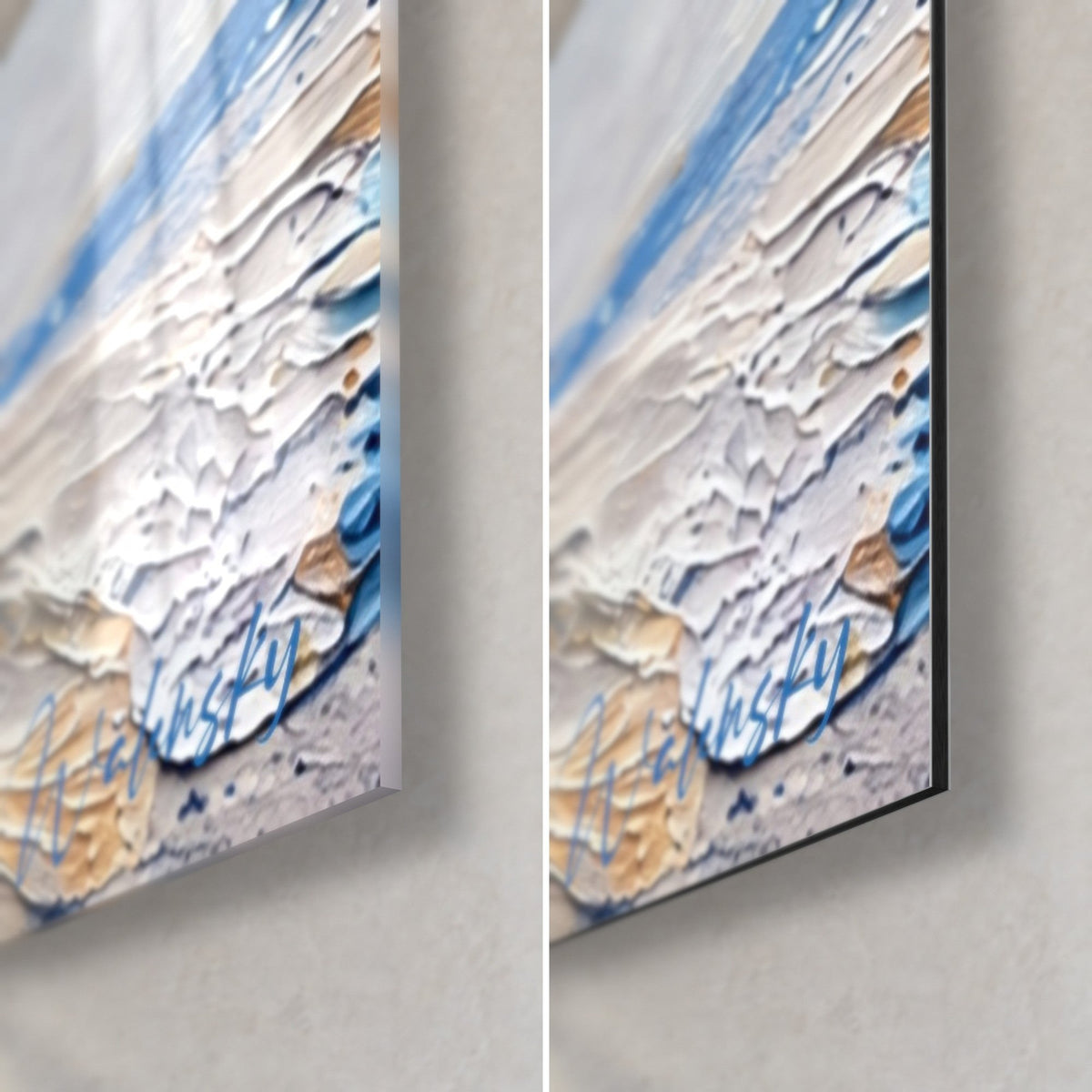 Wall art unicorn in thick impasto painting, bottom right corner: glossy acrylic glass on the left, matte Dibond aluminum on the right, 3 mm black edge