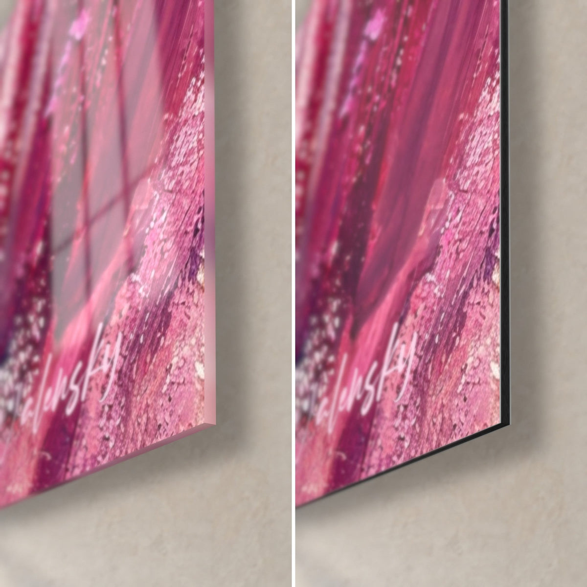 Tableau cheval à corne rose et verre brillant à gauche, alu Dibond mat à droite, empâtements fuchsia, tranche noire de 3 mm