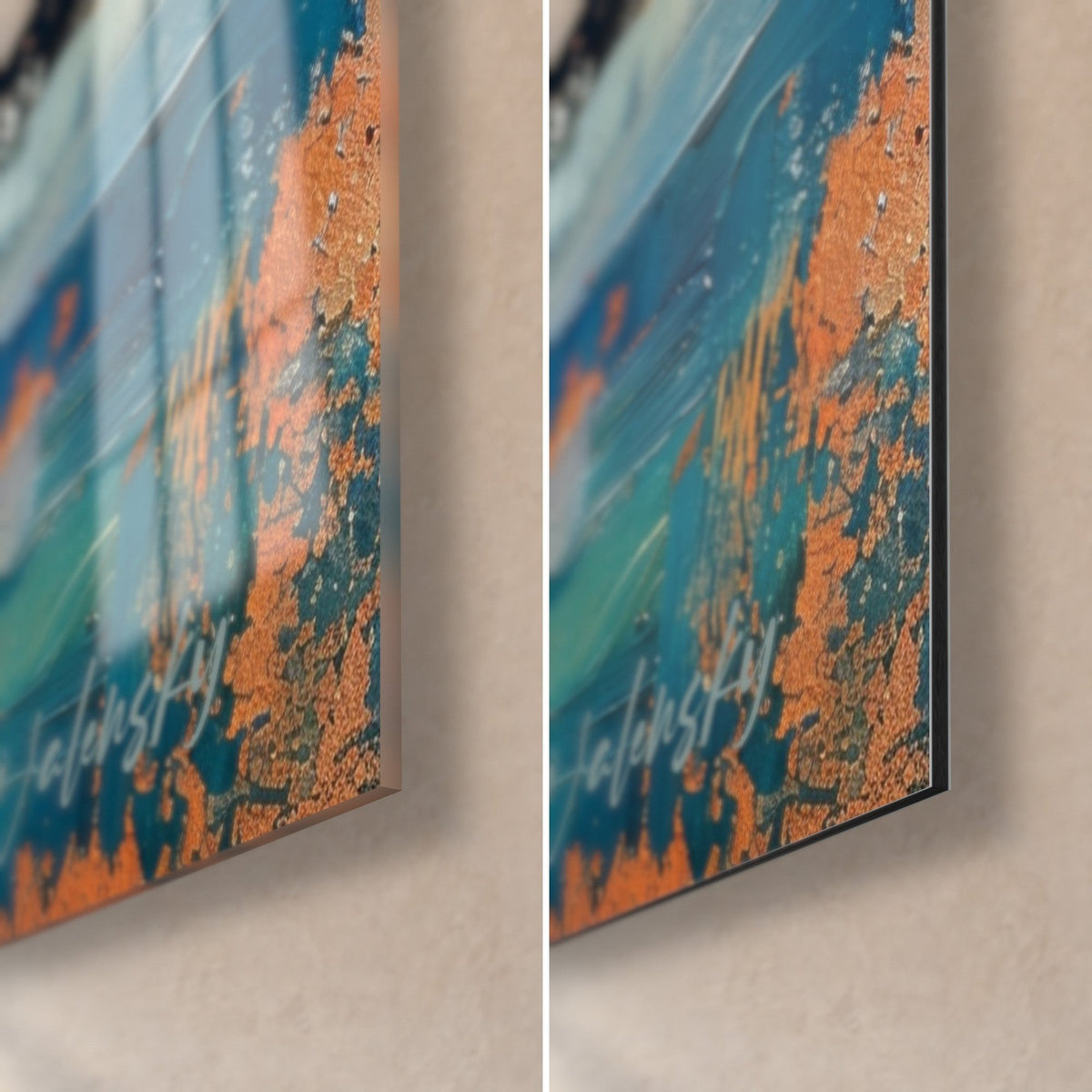 Quadro unicorno ramato in pittura spessa, angolo in basso a destra: vetro lucido con riflessi a sinistra, Dibond opaco arancio e blu a destra, bordo di 3 mm