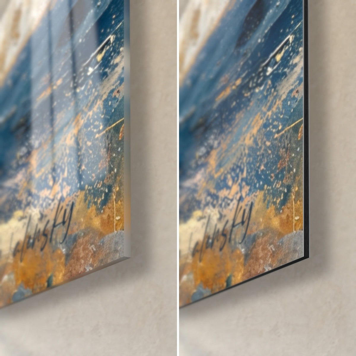 Quadro unicorno dorato, angolo in basso a destra: vetro acrilico lucido a sinistra, Dibond opaco a destra, blu notte, oro, spessore 3 mm
