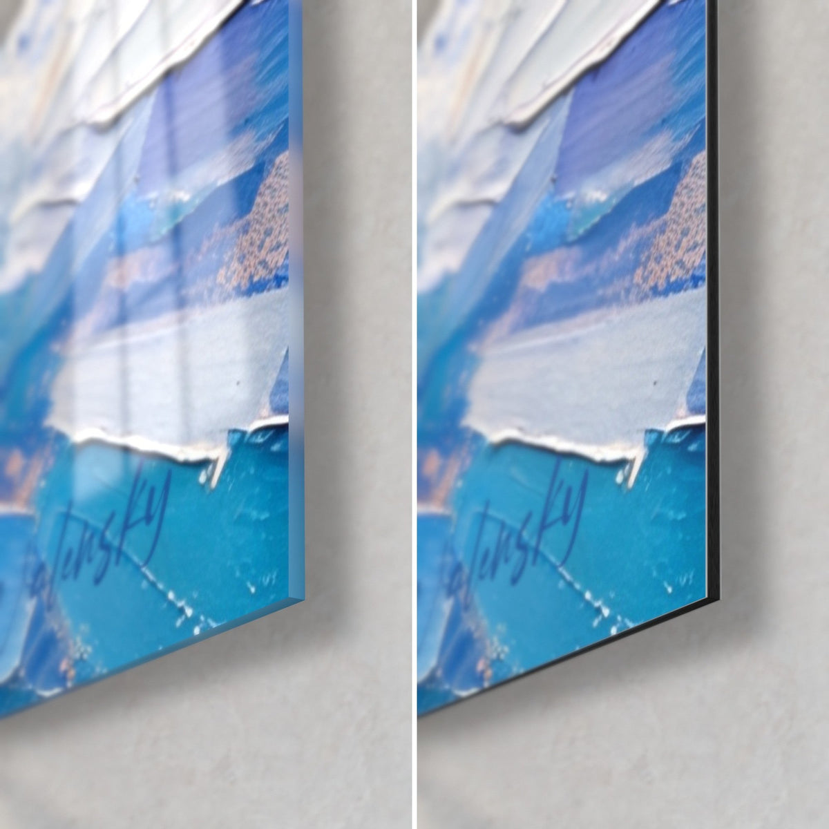 Quadro Unicorno blu in pasta spessa, angolo in basso a destra: vetro acrilico lucido a sinistra, Dibond nero opaco a destra, bordo da 3 mm