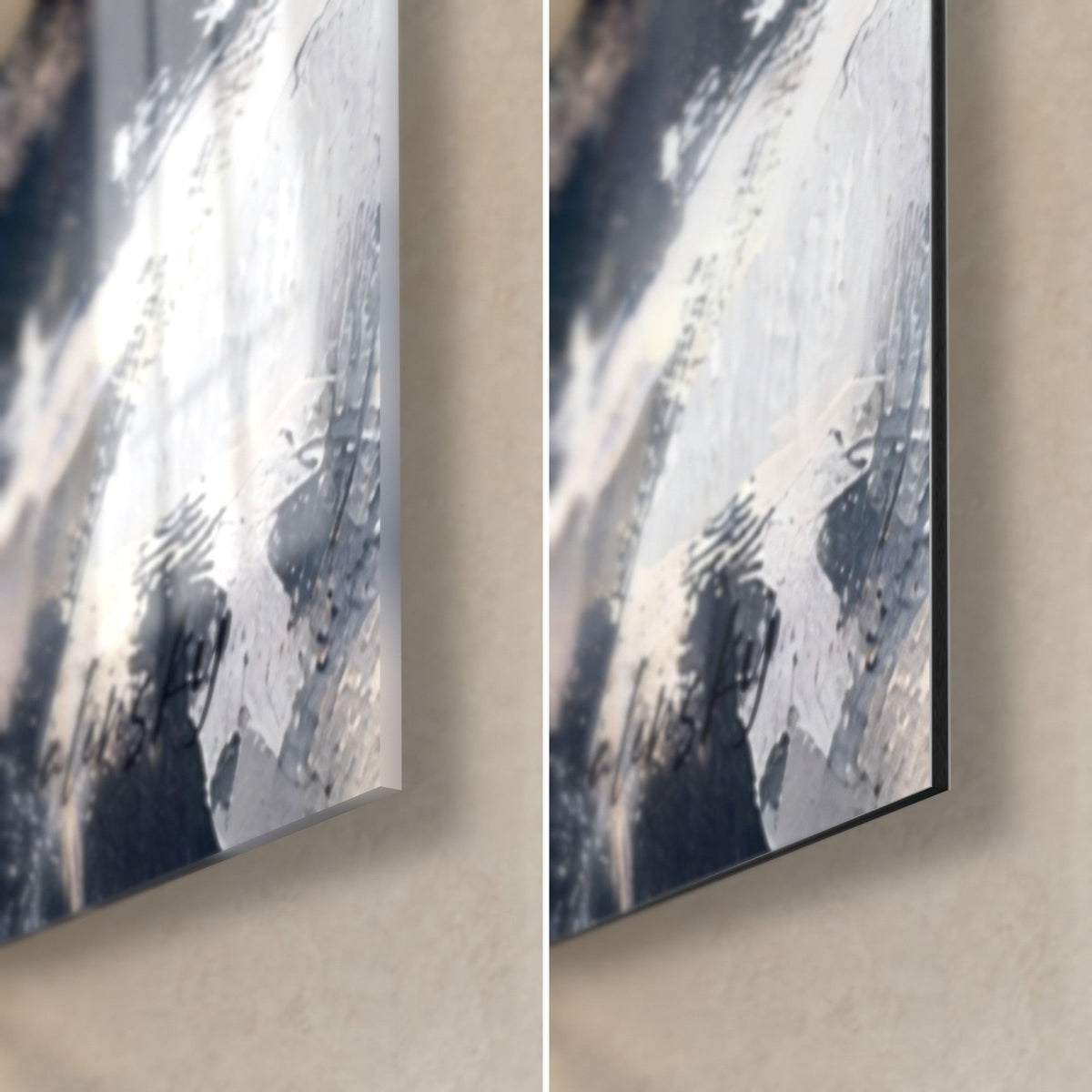 Gemälde Einhorn in Purpur, untere rechte Ecke: glänzendes Acrylglas links, mattschwarzes Dibond-Aluminium rechts, 3 mm Kante